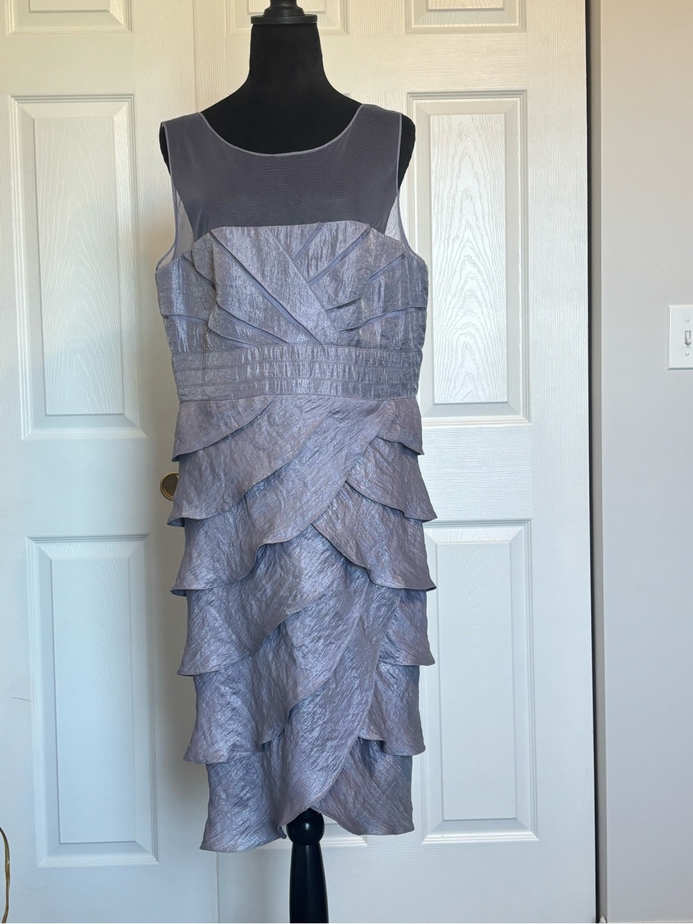 Adrianna Papell Lavender Purple Metallic Tiered Ruffle Midi Dress Sheer 16